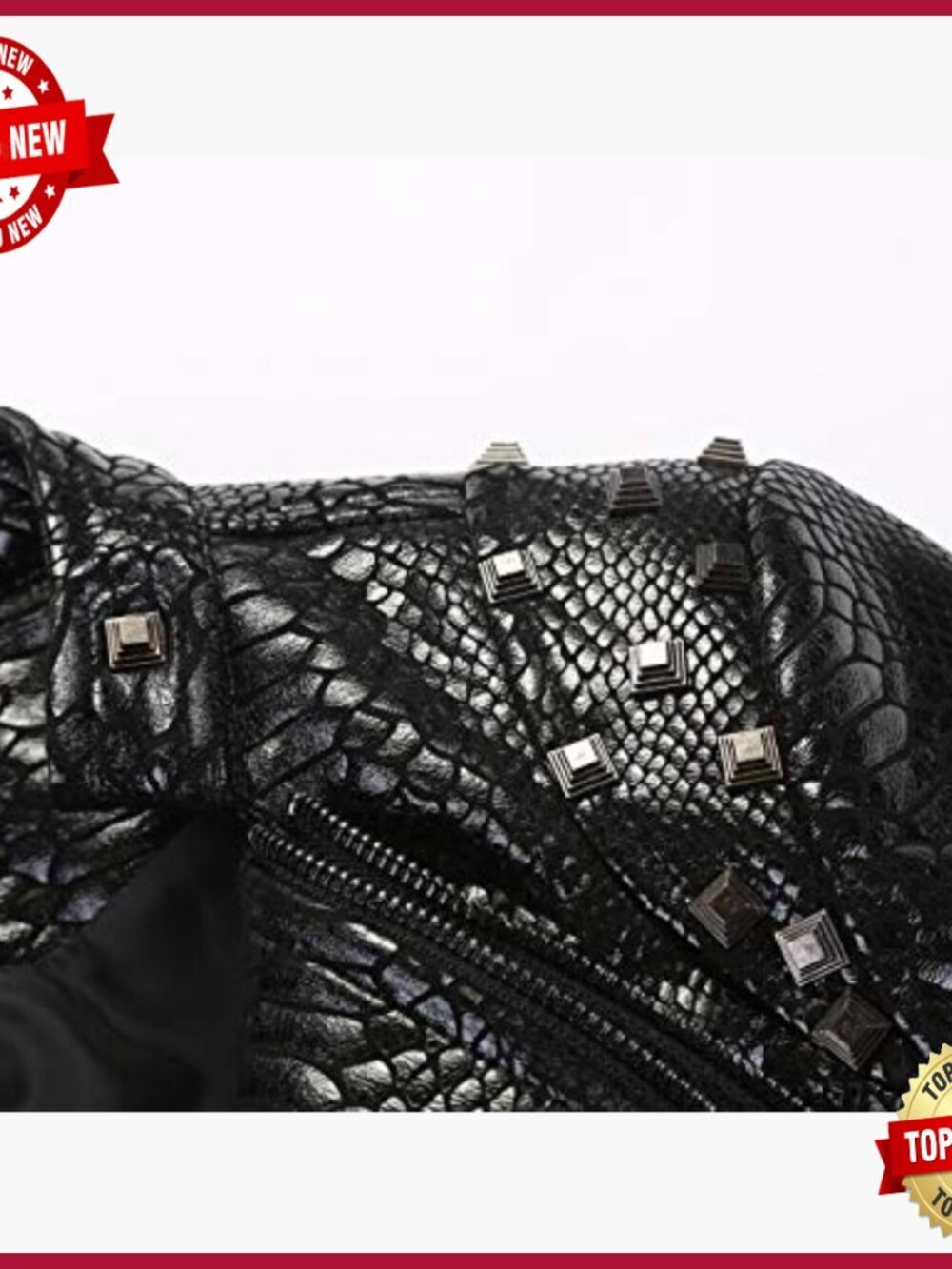 Slim Fit Faux Leather Moto Jacket with Snake Print Studded Details - Picture 3 of 6